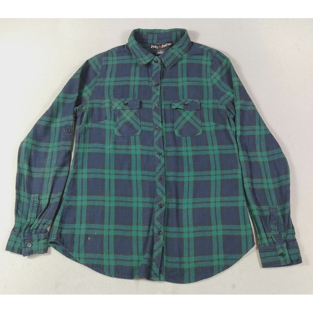 Polly & Esther Shirt Womens Large Blue Green Plaid Flannel Roll Tab Distressed
